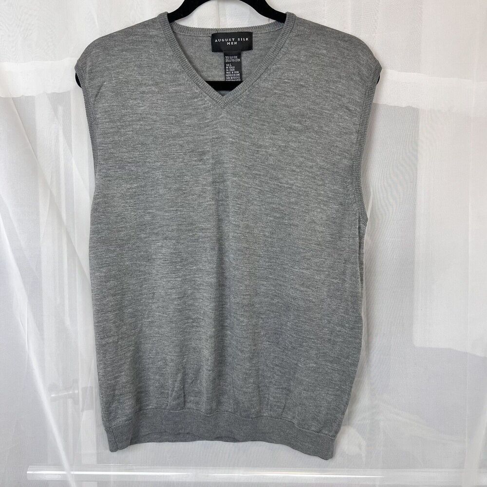 August Silk Men sz Lg grey v neck sweatervest 70% silk blend pullover academia